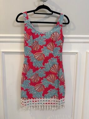 Lilly Pulitzer Coral & Aqua Seashell Crochet-Hem Mini Dress